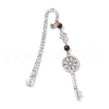 Mother's Day Key & Infinity Love Heart Pendant Bookmark with Natural Tiger Eye AJEW-JK00259-01-1