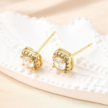 Square Brass Micro Pave Clear Cubic Zirconia Stud Earrings EJEW-G433-04G-1