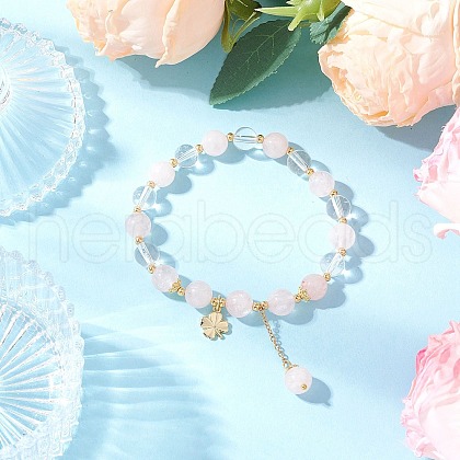Natural Quartz Crystal & Rose Quartz Round Beaded Stretch Bracelets BJEW-JB11935-02-1