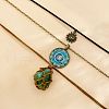 Synthetic Turquoise Macrame Pouch and Alloy Glass Sun Pendant 3 Layer Necklaces for Women FS-WG9A89D-01-4