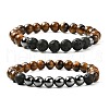 Natural Tiger Eye & Lava Rock & Synthetic Hematitie Beads Stretch Bracelet Set BJEW-JB07030-1