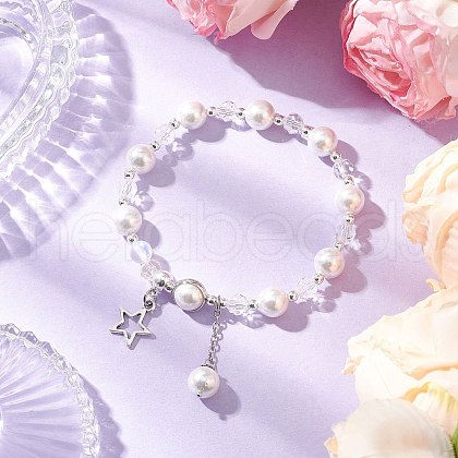 Shell Pearl & Glass Round Beaded Bracelets BJEW-JB11857-01-1