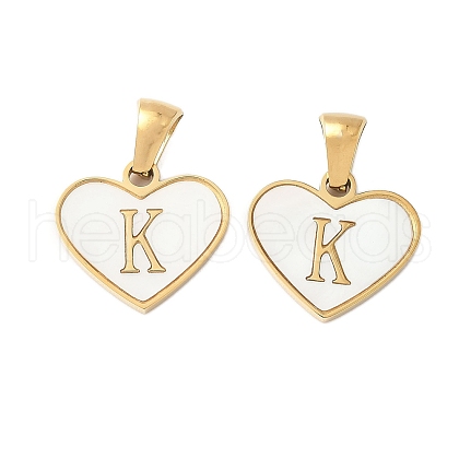 304 Stainless Steel Pave Natural White Shell Heart with Initial Slice Pendants STAS-R168-25G-K-1