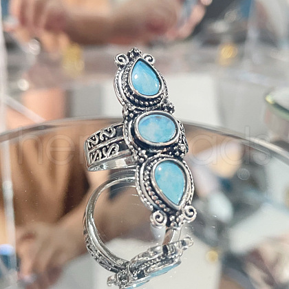 Teardrop & Oval Bohemian Style Zinc Alloy with Resin Imitation Moonstone/Rhinestone Finger Rings FS-WGFB6C4-12-1
