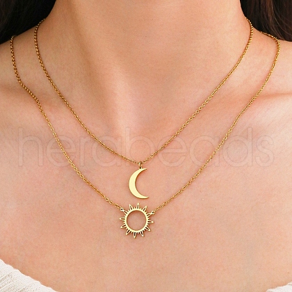 304 Stainless Steel Double Layered Sun Moon Pendant Necklaces NJEW-Z081-02G-1