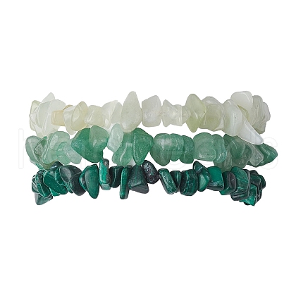 3Pcs Natural Green Aventurine & Natural Prehnite & Natural Malachite Chip Beaded Stretch Bracelet Sets BJEW-JB10862-1