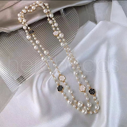 Wrap Style Alloy White and Black Enamel Flower & Plastic Imitation Pearl Round Beads Link Chain Long Necklaces for Women FS-WGD2267-10-1