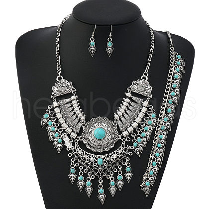 Alloy with Synthetic Turquoise Teardrop Tassel Pendant Necklaces & Dangle Earrings & Charm Bracelets Sets FS-WG69A95-07-1