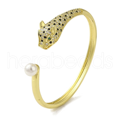 Brass Pave Clear & Green Cubic Zirconia Leopard Open Cuff Bangle for Women BJEW-K246-18G-1