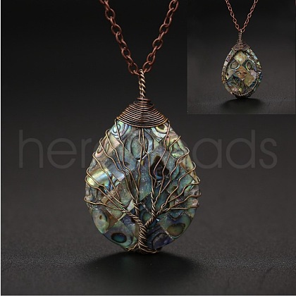 Double Sided Natural Paua Shell Copper Wire Wrapped Tree of Life Teardrop Pendant Necklaces FS-WG9357B-01-1