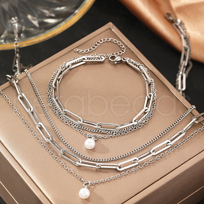 3-Layer Stainless Steel Oval Link Chain Necklaces & Bracelets Sets FS-WGE493C-02-1