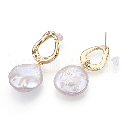 Mother's Day Jewellery Natural Flat Round Baroque Keshi Pearl Dangle Stud Earrings PEAR-N020-L36-1
