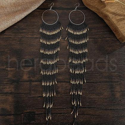 Bohemian Style Handmade Glass Seed Beads Ring Tassel Dangle Earrings JT3929-1