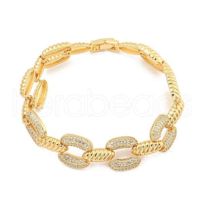 Brass Micro Pave Clear Cubic Zirconia Oval & Croissant Link Chain Bracelets for Women BJEW-M322-06G-1