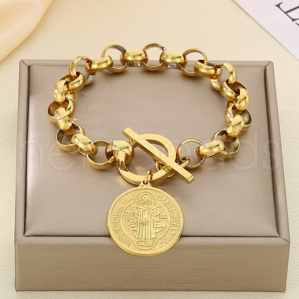 Flat Round with St Benedict 304 Stainless Steel Rolo Chain Charm Bracelets FS-WGC58E4-04-1