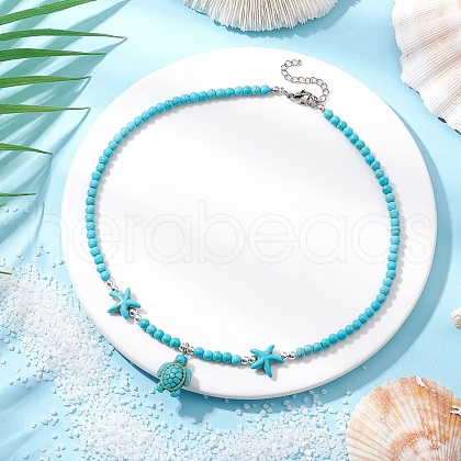Synthetic Turquoise Sea Turtle & Starfish Pendant Beaded Necklaces NJEW-JN05210-01-1