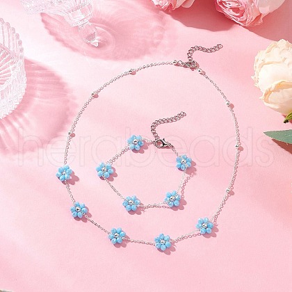 Flower Glass Bracelets & Necklaces Sets for Women SJEW-JS01319-1