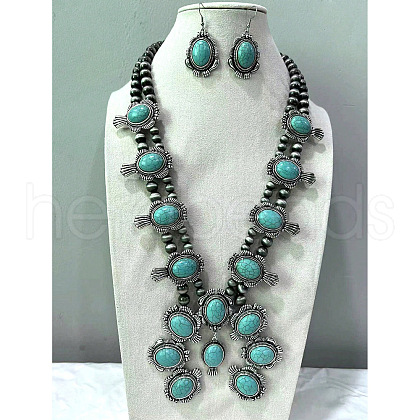 Oval Synthetic Turquoise Dangle Earrings & Pendant Necklaces FS-WG6ECB4-01-1