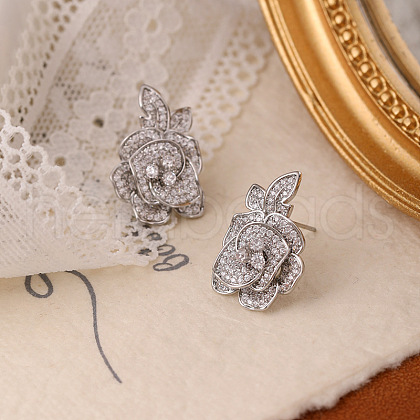 Flower Brass Micro Pave Clear Cubic Zirconia Stud Earrings EJEW-K308-08P-1