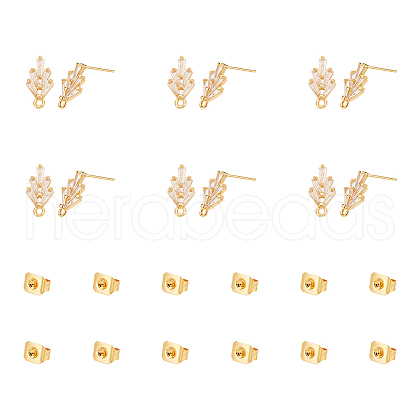 Unicraftale 12Pcs Leaf Brass Cubic Zirconia Stud Earring Findings KK-UN0002-28-1