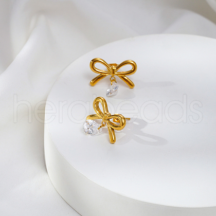 Simple Design Stainless Steel Bowknot with Clear Cubic Zirconia Teardrop Dangle Earring Studs for Women ET2385-2-1