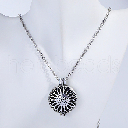 Sunflower Alloy Diffuser Locket Pendant Necklaces with Black Velvet Aromatherapy Pads Inside UW7734-1