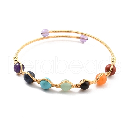 Natural Mixed Stone Wrapped Cuff Bangle BJEW-A122-06-1