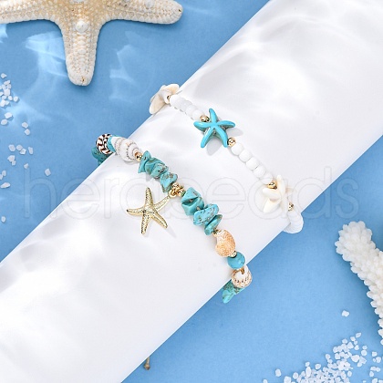 2Pcs 2 Styles Summer Beach Synthetic Turquoise & Natural Sea Shell & Glass Braided Bead Anklets AJEW-TA00039-1