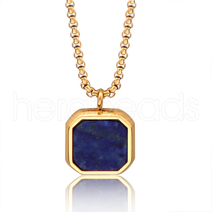 304 Stainless Steel Pave Natural Lapis Lazuli Square Pendant Necklaces FS-WG8D101-04-1