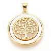 Brass Pave Natural Shell Hollow Flat Round with Tree of Life Pendants KK-N268-26G-1