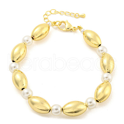 Rack Plating Oval Brass & ABS Imitation Pearl Beaded Bracelets for Women BJEW-P322-14G-1