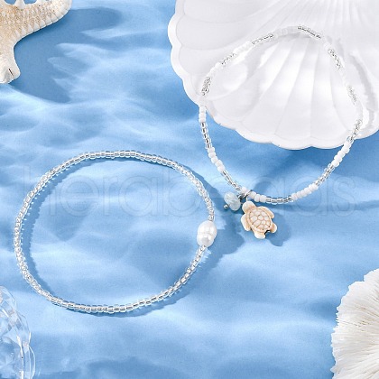 2 Styles Summer Natural Pearl & Round Glass Seed Beaded Stretch Anklets AJEW-AN00670-04-1