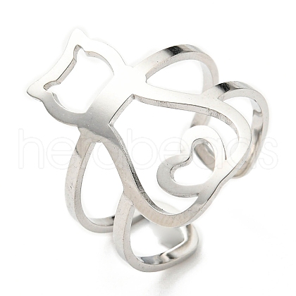 304 Stainless Steel Hollow Cat Open Cuff Ring RJEW-F149-02P-1