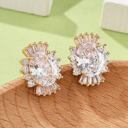 Oval Brass Micro Pave Cubic Zirconia Stud Earrings for Women EJEW-G428-27G-02-1