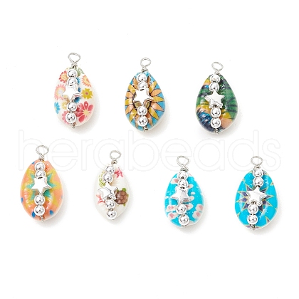 Printed Natural Cowrie Shell Copper Wire Wrapped Pendants PALLOY-JF03954-02-1