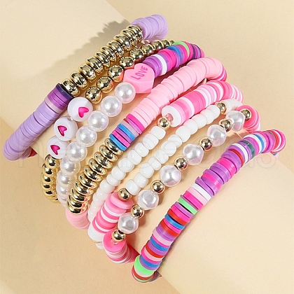 8Pcs 8 Style Imitation Pearl Word Love Beaded Stretch Bracelets Set PW-WG34257-01-1
