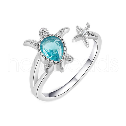 Brass Micro Pave Cubic Zirconia Sea Turtle & Starfish Cuff Ring PW-WGF4995-01-1