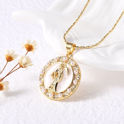 Flat Round with Santa Muerte Brass Micro Pave Cubic Zirconia Pendant Necklaces NJEW-S385-03B-G-1