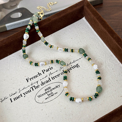 Natural Pearl & Natural Green Aventurine & Synthetic Malachite Beaded Necklaces for Women WX8119-1