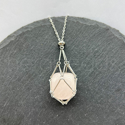 Natural Rose Quartz Nuggets Macrame Pouch Pendant 201 Stainless Steel Chain Necklaces FS-WG7A779-02-1