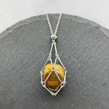 Natural Tiger Eye Nuggets Macrame Pouch Pendant 201 Stainless Steel Chain Necklaces FS-WG7A779-07-1