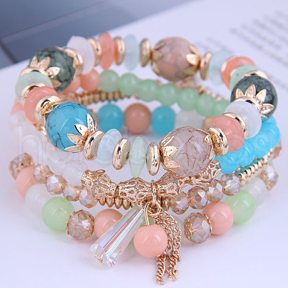 4Pcs 4 Styles Bohemian Style Alloy Glass Round Beaded Stretch Bracelets FS-WG80D8B-12-1