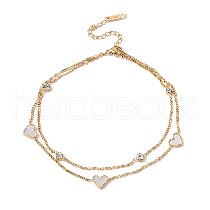 Shell Heart & Rhinestone Link Double Layers Multi-strand Anklet AJEW-I064-02G-02-1