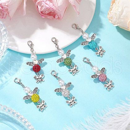 6Pcs 6 Colors Angel & Butterfly Alloy Beaded & Polymer Clay Pave Rhinestone Beaded Pendant Decoration HJEW-TA00339-1
