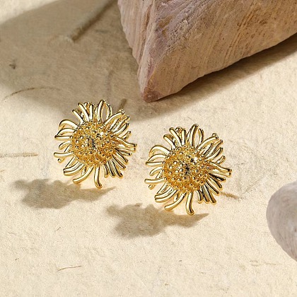 Flower Brass Stud Earrings for Women EJEW-M099-01G-1