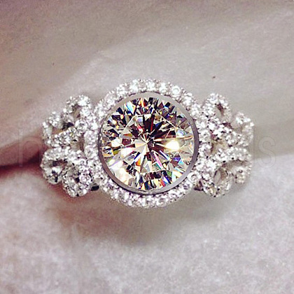 Flat Round Brass Micro Pave Clear Cubic Zirconia Finger Rings for Women FS-WG22049-02-1