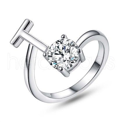 Anti-Tarnish Rhodium Plated 925 Sterling Silver Initial Letter Open Cuff Ring JR852T-1