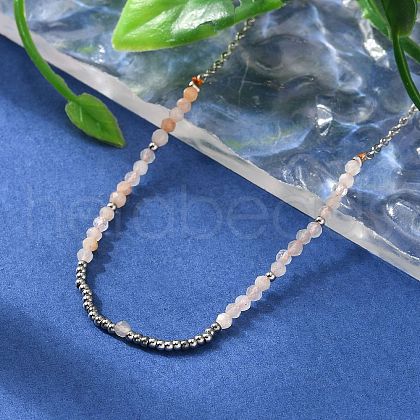 Faceted Round Natural Sunstone Beaded Necklaces NJEW-A045-05P-1