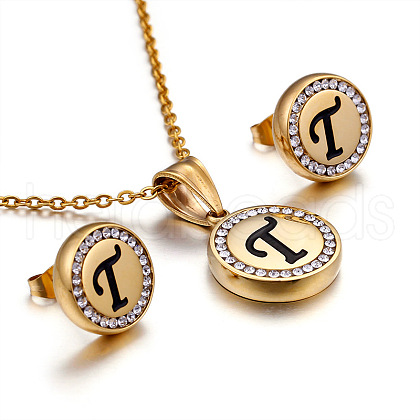 Flat Round with Letter Pattern 304 Stainless Steel Crystal Rhinestone Pendant Necklace & Stud Earring FS-WG33EDD-20-1