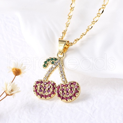 Brass Micro Pave Camellia Cubic Zirconia Fruit Pendant Necklaces for Women NJEW-U042-02B-G-1